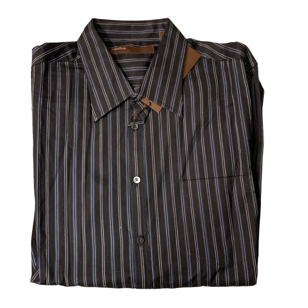 Perry Ellis XL Mens Black Striped Long Sleeve Button-Down Shirt 100% Cotton New